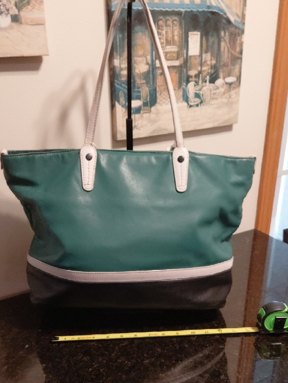 Bally Teal, Black and White Colorblock Leather Tote - Picture 2 of 16